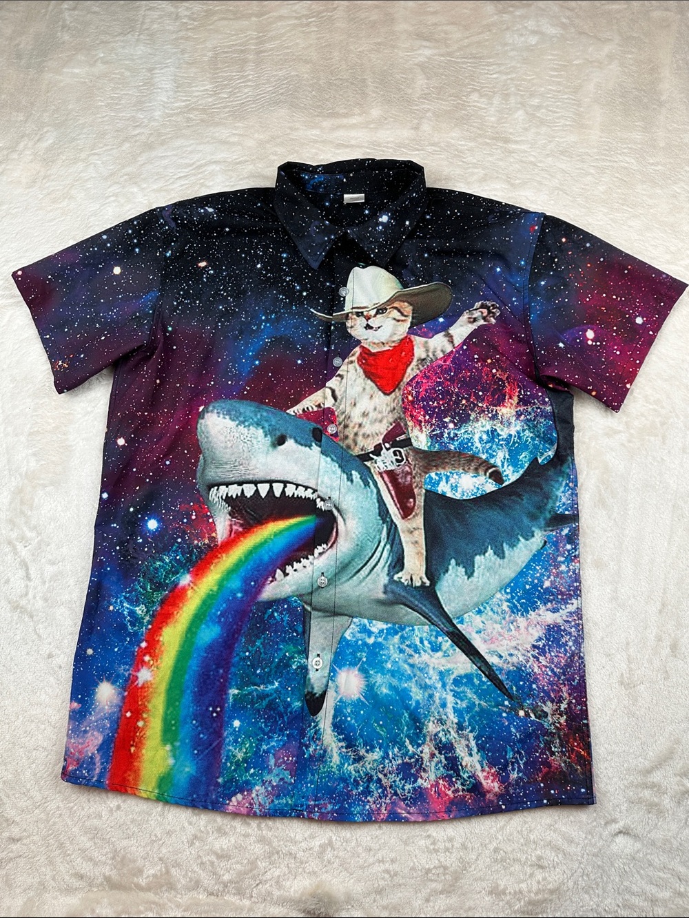 Novelty Size L Short-Sleeve Button-Down Multi Galaxy Cat & Shark Print | Unique